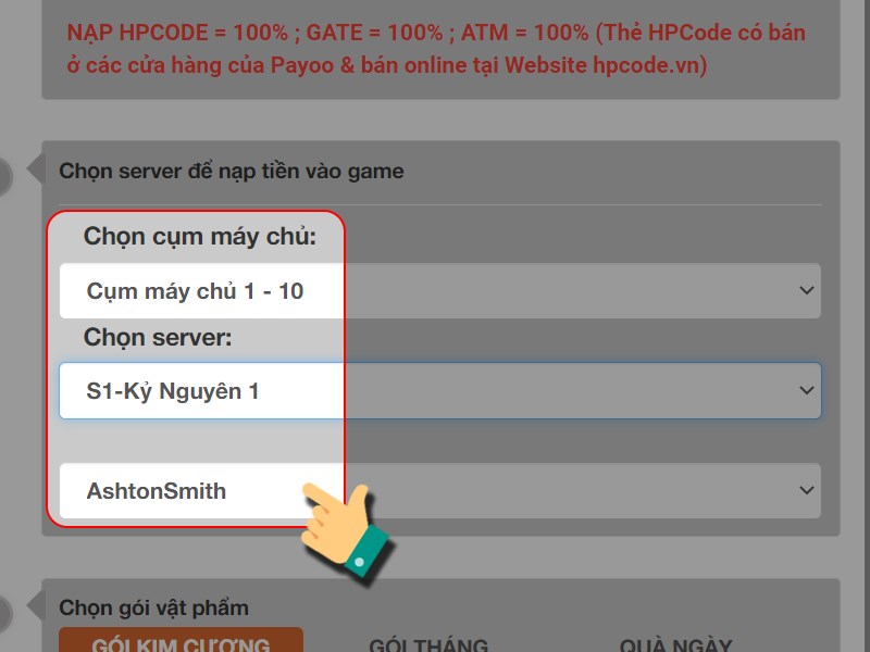 Chọn nh&acirc;n vật muốn nạp