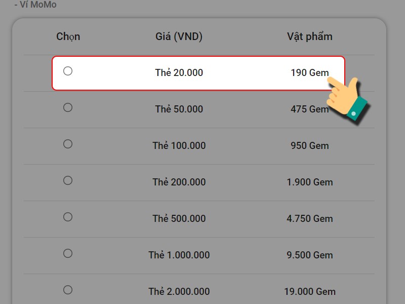Chọn gói nạp