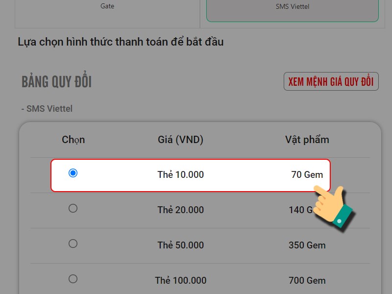 Chọn gói nạp