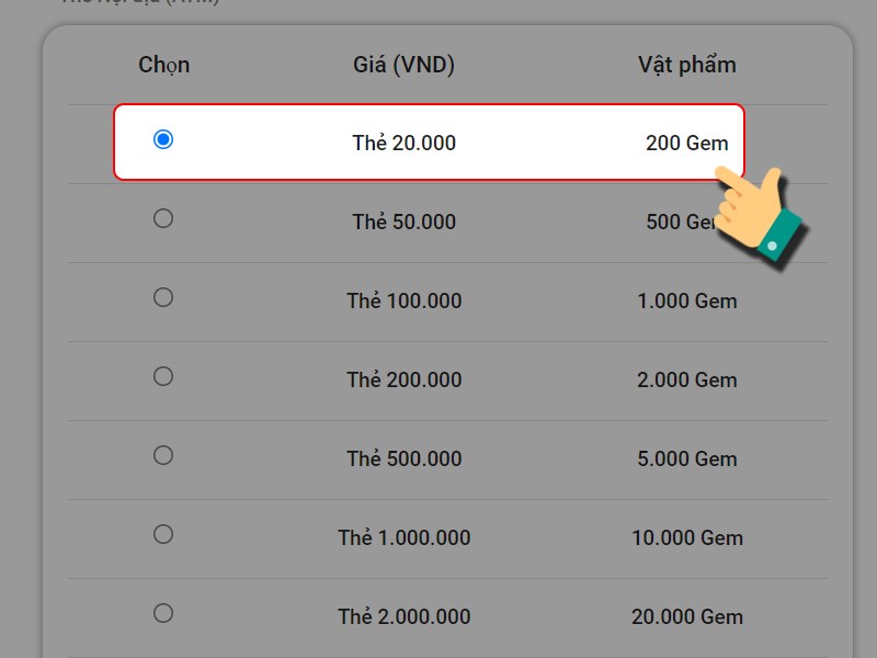 Chọn gói nạp