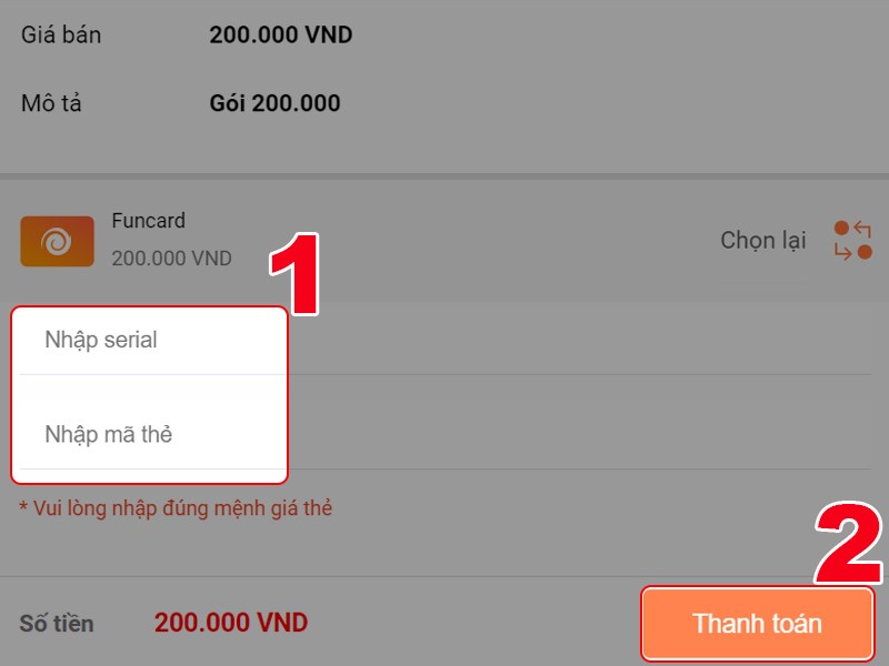 Nhập th&ocirc;ng tin thẻ Funcard