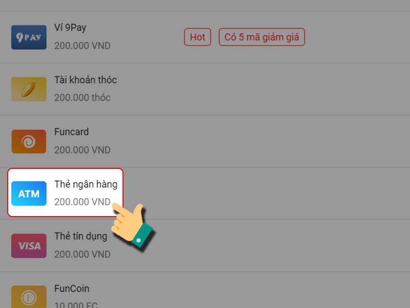 Nạp bằng thẻ ng&acirc;n h&agrave;ng