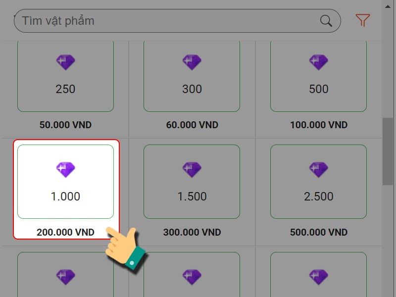 Chọn g&oacute;i vật phẩm bạn muốn mua