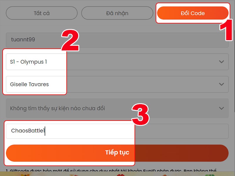 Chọn nh&acirc;n vật v&agrave; nhập m&atilde; code bạn c&oacute;