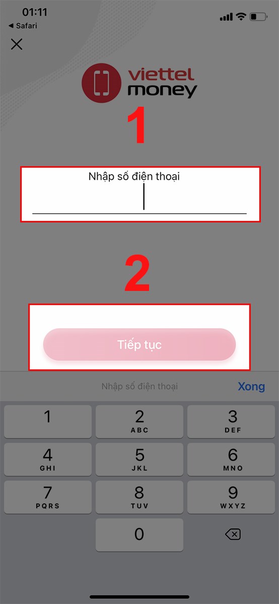 Nhập số điện thoại và nhấn Tiếp tục