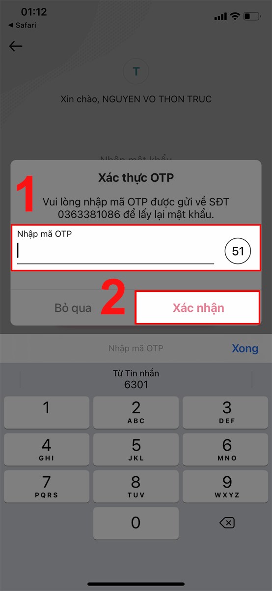 Nhập mã OTP và nhấn Xác nhận