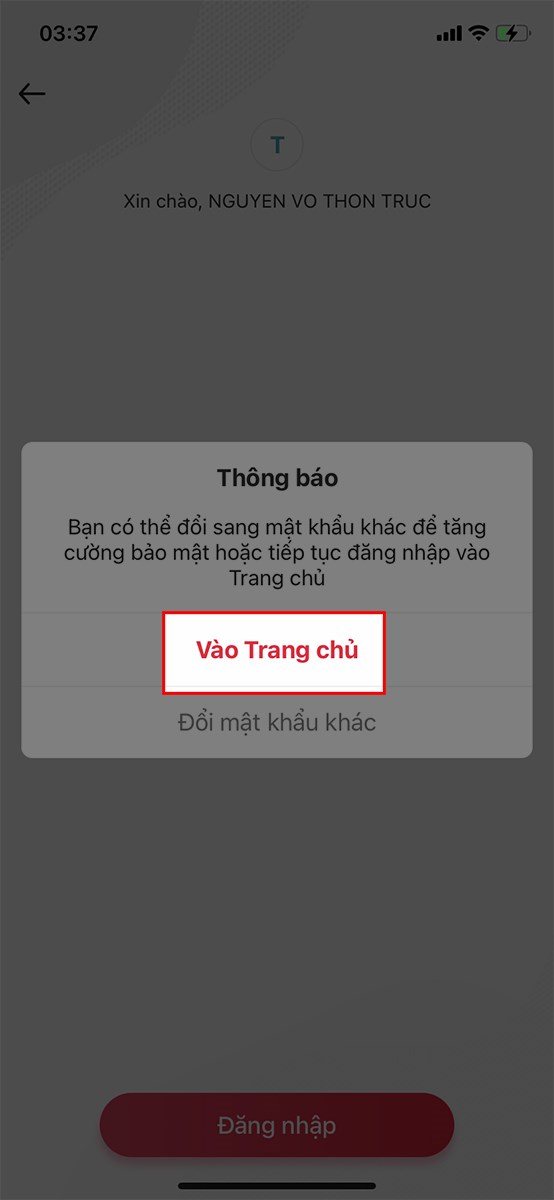 Nhấn Vào trang chủ để quay lại ứng dụng Viettelpay