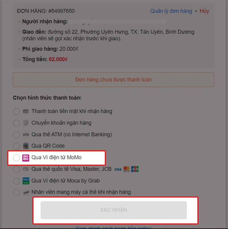Chọn Qua Ví điện tử MoMo và bấm xác nhận image/jpeg