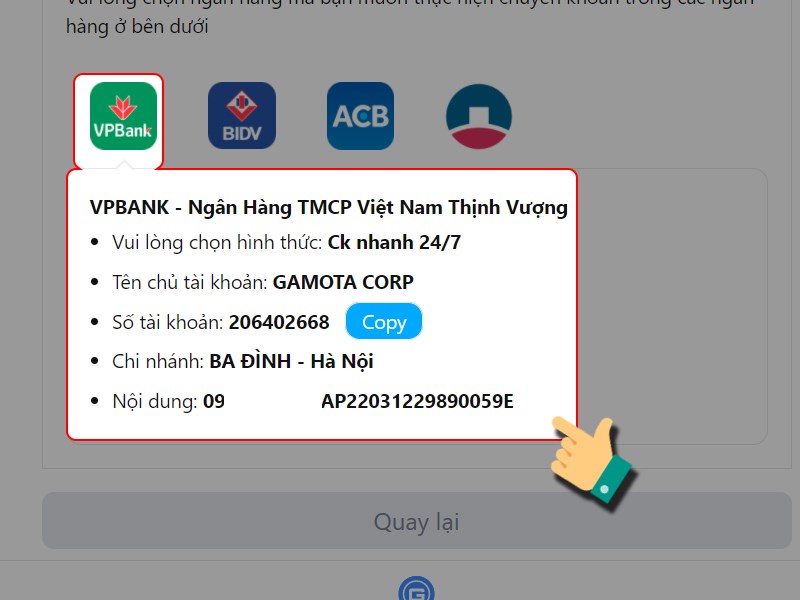 Chọn ngân hàng và chuyển khoản theo thông tin tại đây