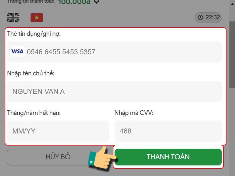 Nhập thông tin thẻ tín dụng