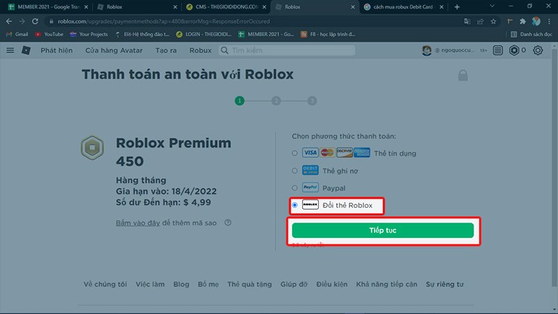 Chọn Đổi thẻ Roblox