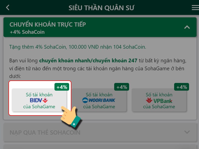 Chọn t&agrave;i khoản ng&acirc;n h&agrave;ng của SohaGame