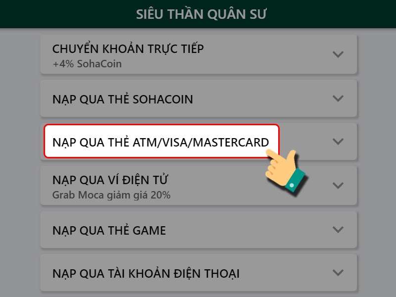 Nạp bằng thẻ ATM/ Visa/ MasterCard/ VNPAY