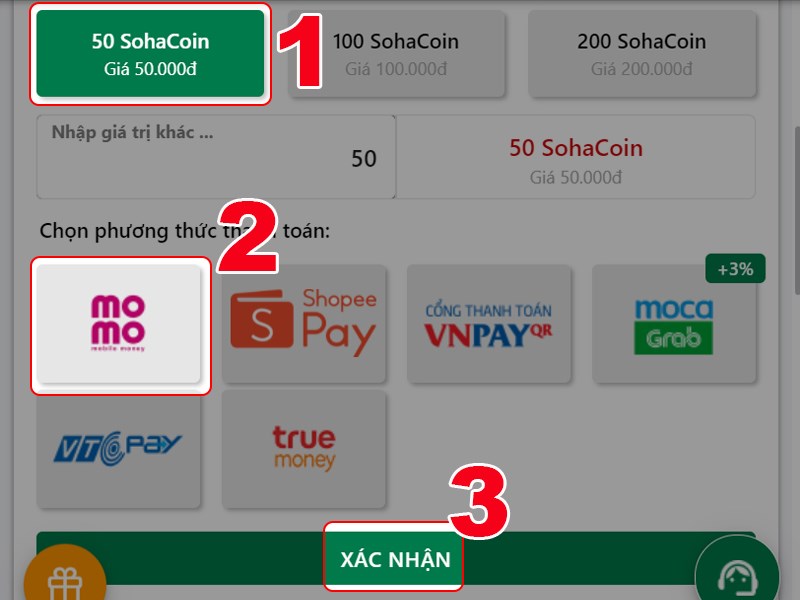 Chọn loại v&iacute;, g&oacute;i nạp