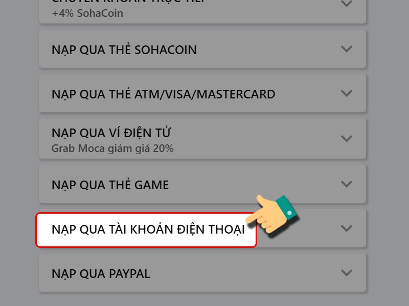 Nạp bằng t&agrave;i khoản điện thoại