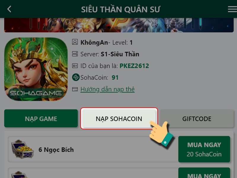 Chọn Nạp SohaCoin