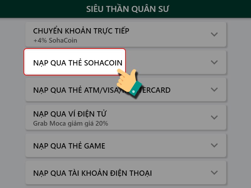 Nạp bằng thẻ SohaCoin