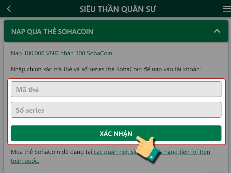 Nhập th&ocirc;ng tin thẻ SohaCoin
