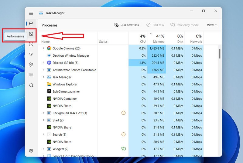 Mở Task Manager l&ecirc;n v&agrave; bấm v&agrave;o trang Performance