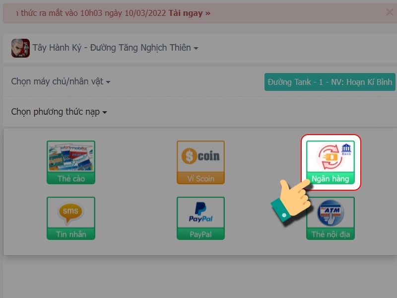 Chọn nạp bằng ngân hàng 