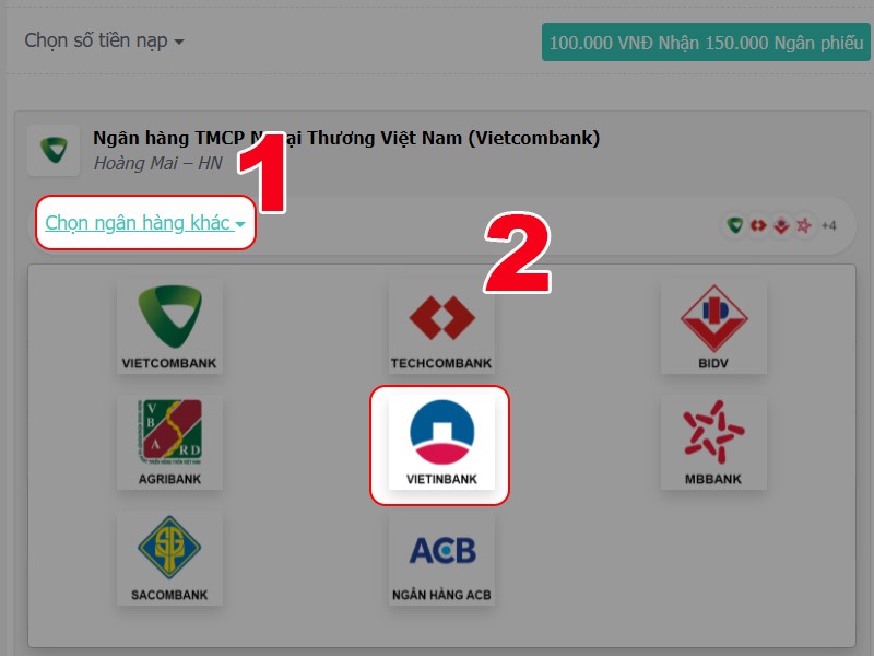 Chọn thẻ ngân hàng VTC sử dụng