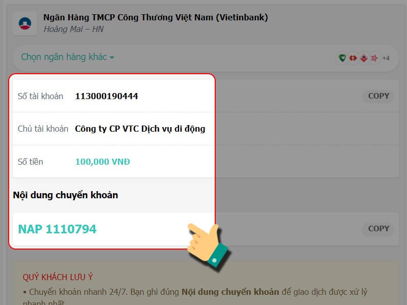 Chuyển khoản theo th&ocirc;ng tin ở đ&acirc;y