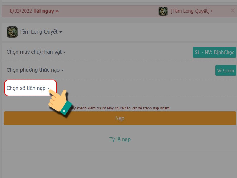 Chọn số tiền bạn nạp