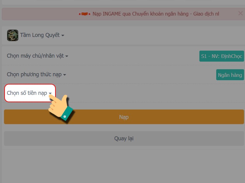 Chọn số tiền nạp
