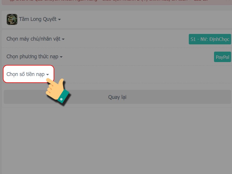 Chọn số tiền nạp
