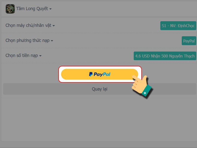 Nhấn v&agrave;o PayPal