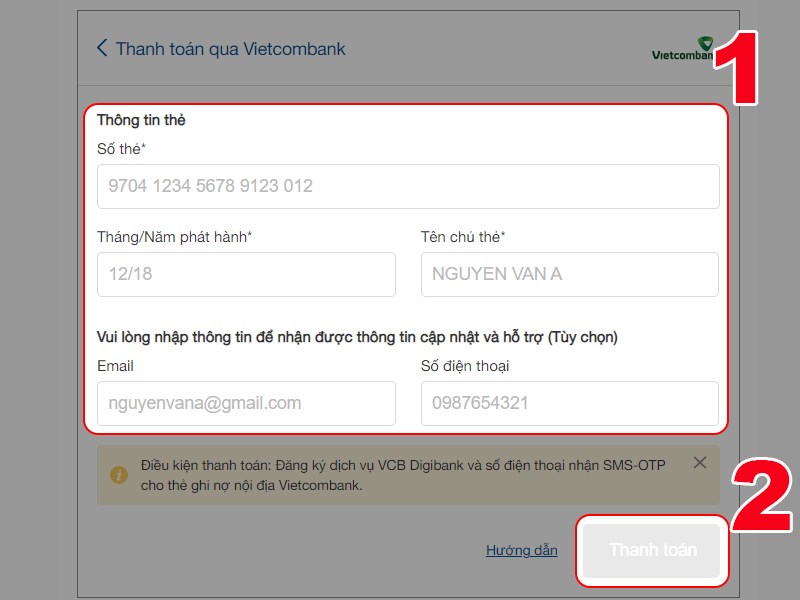 Nhập th&ocirc;ng tin thẻ ATM để thanh to&aacute;n