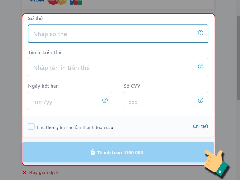 Nhập thông tin thẻ để thanh toán