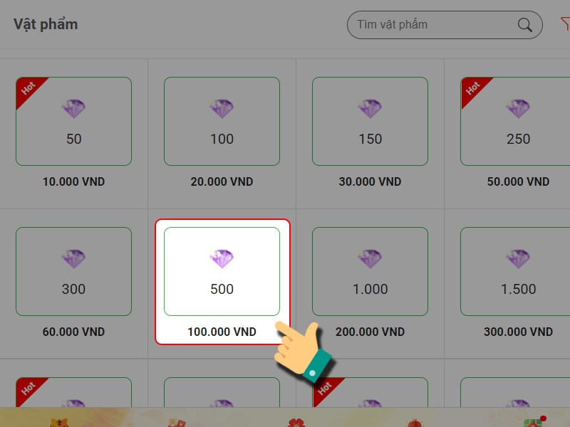 Chọn g&oacute;i vật phẩm