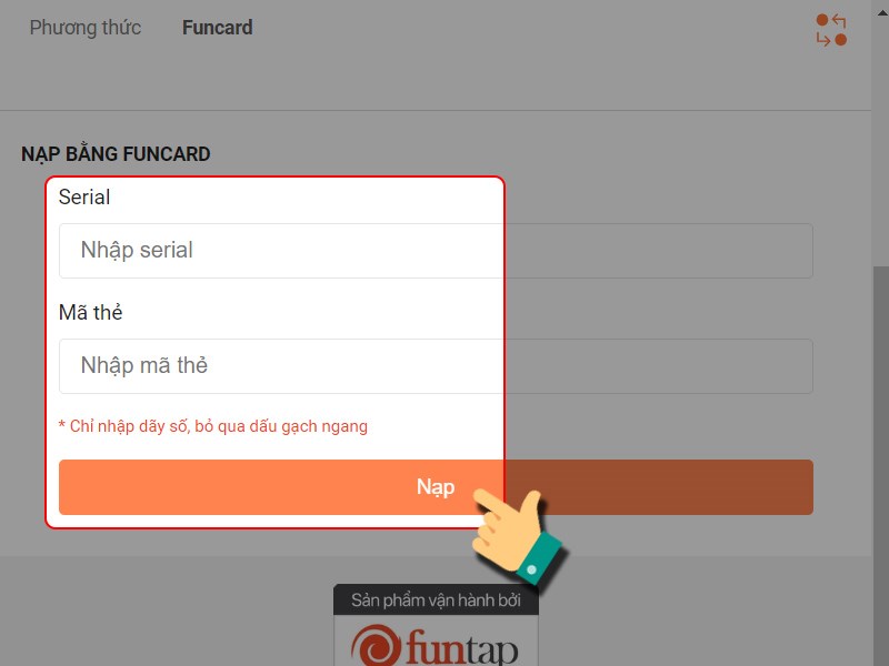 Nhập thông tin thẻ Funcard để thanh toán
