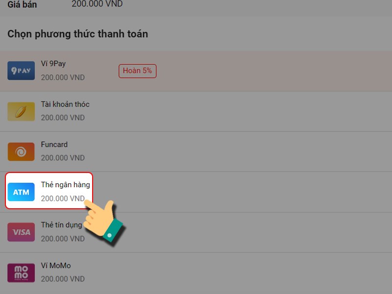 Chọn thanh toán bằng thẻ ngân hàng
