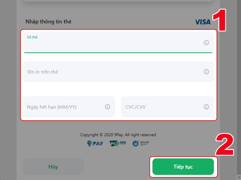 Nhập thông tin thẻ tín dụng để thanh toán