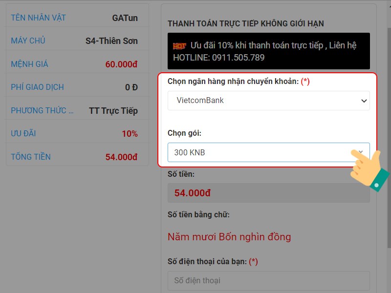 Chọn ngân hàng và gói nạp Chọn ngân hàng và gói nạp