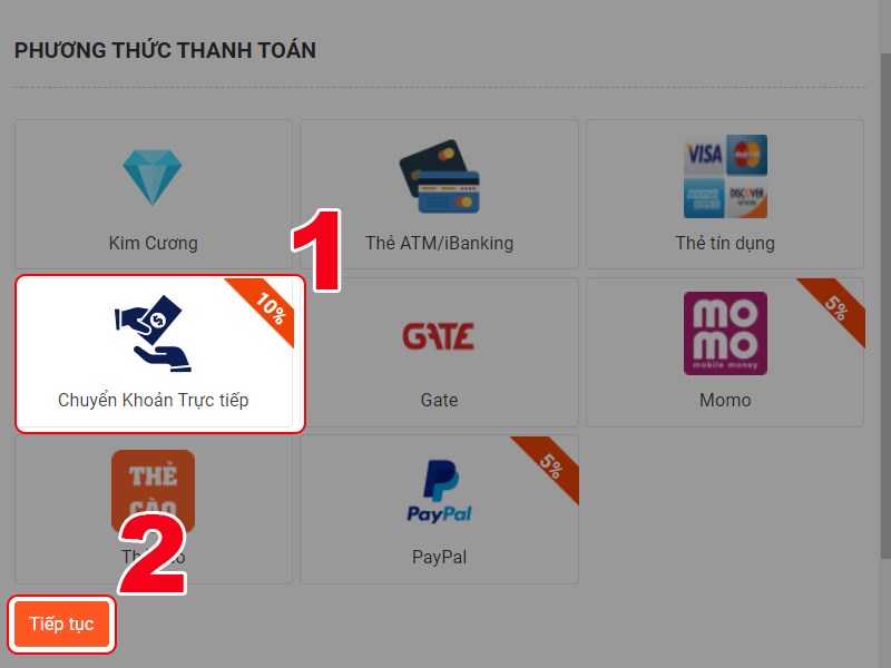 Chọn chuyển khoản trực tiếp Chọn chuyển khoản trực tiếp