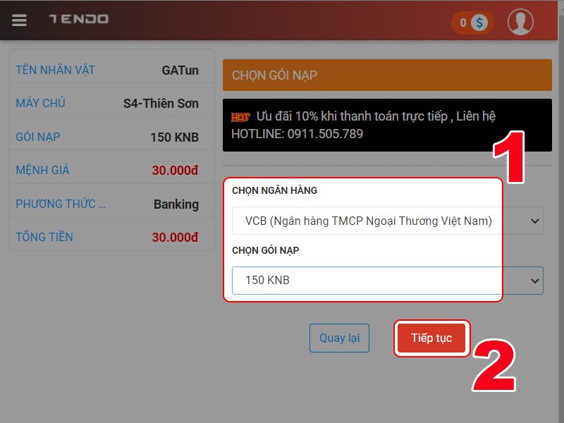 Chọn ngân hàng và gói nạp Chọn ngân hàng và gói nạp