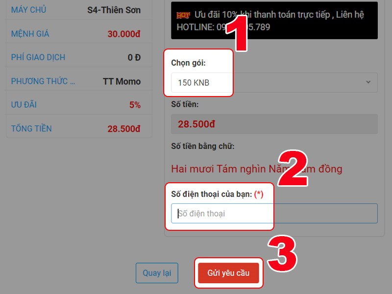 Chọn gói nạp và số điện thoại Chọn gói nạp và số điện thoại