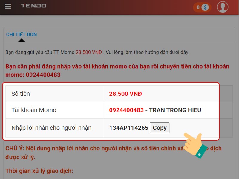 Chuyển tiền trong ví MOMO Chuyển tiền trong ví MOMO