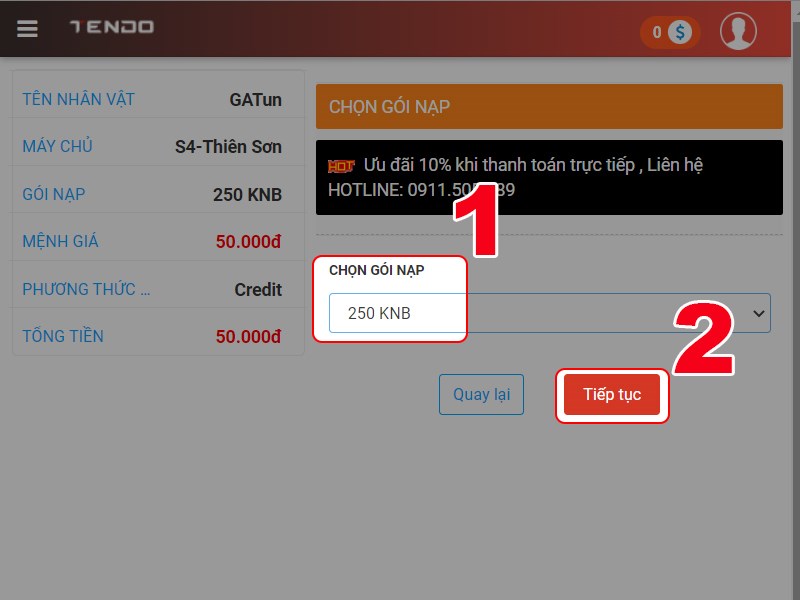 Chọn gói nạp Chọn gói nạp