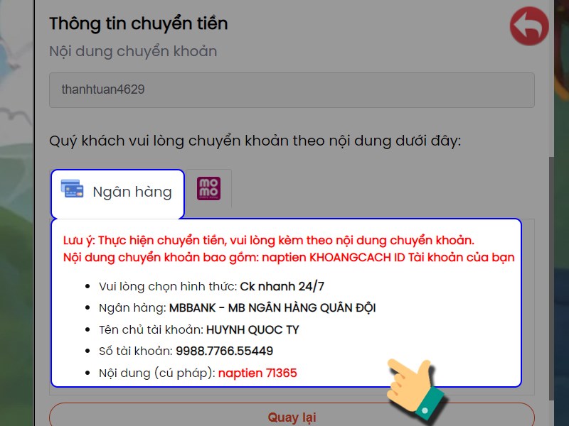 Chuyển khoản qua tài khoản ngân hàng