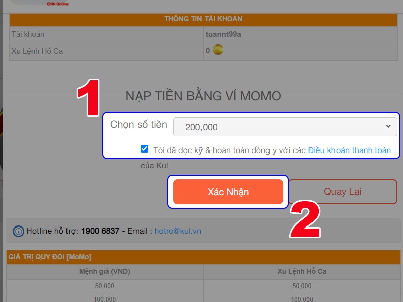 Chọn gói nạp