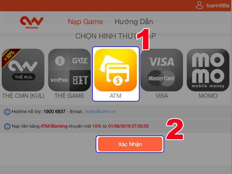 Nạp bằng thẻ ATM