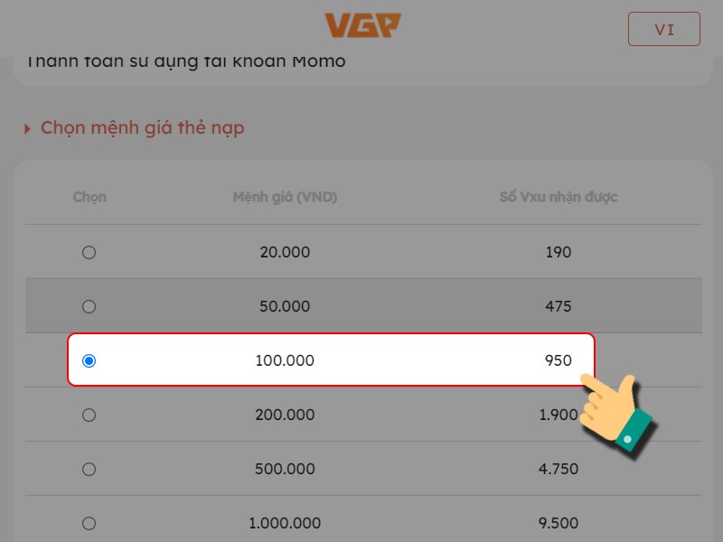 Chọn g&oacute;i nạp