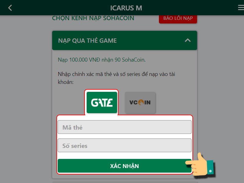 Chọn loại thẻ và nhập thông tin của thẻ