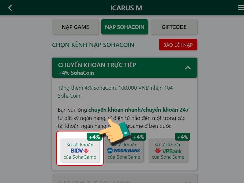 Chọn ngân hàng SohaGame