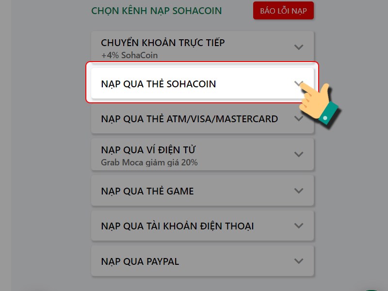 Nạp bằng thẻ SohaCoin