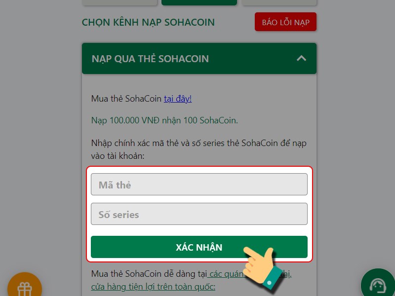 Nhập thông tin thẻ SohaCoin